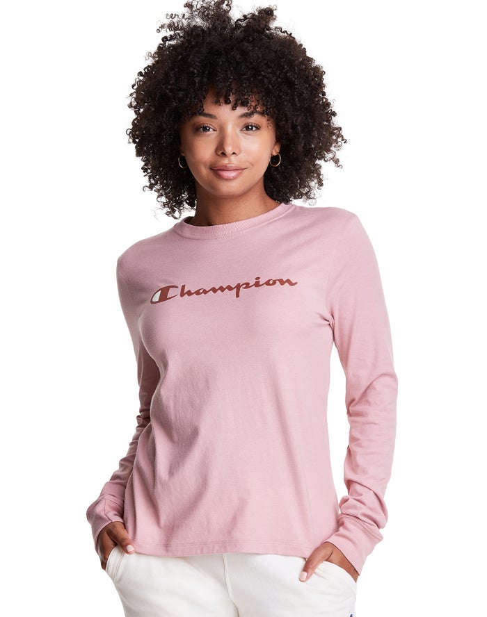 Champion Dame T-Shirts Beige - Classic Long-Sleeve Script Logo - Danmark UCQ-482567